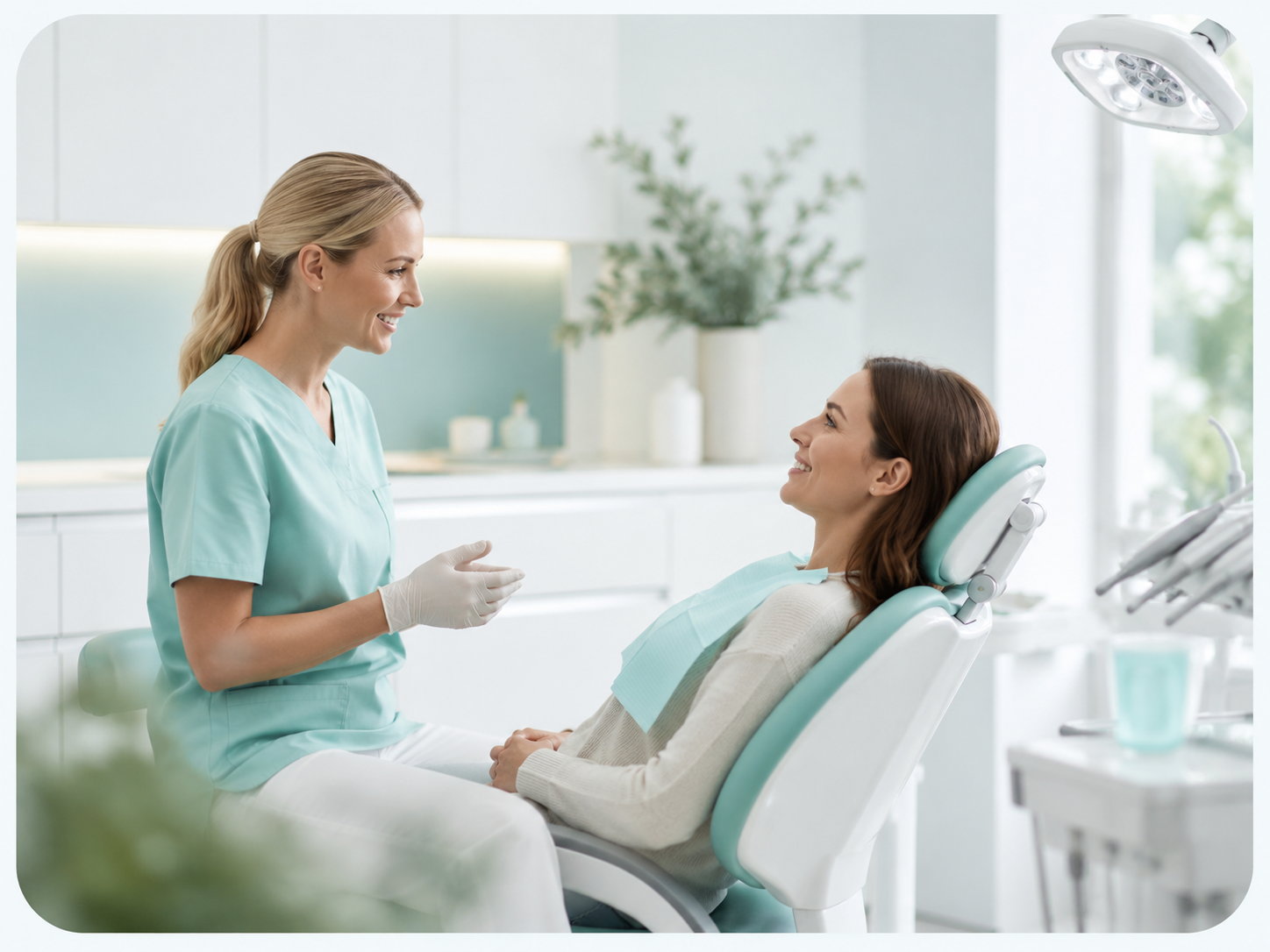 Smilende pasient og tannlege hos Lumen Tannklinikk